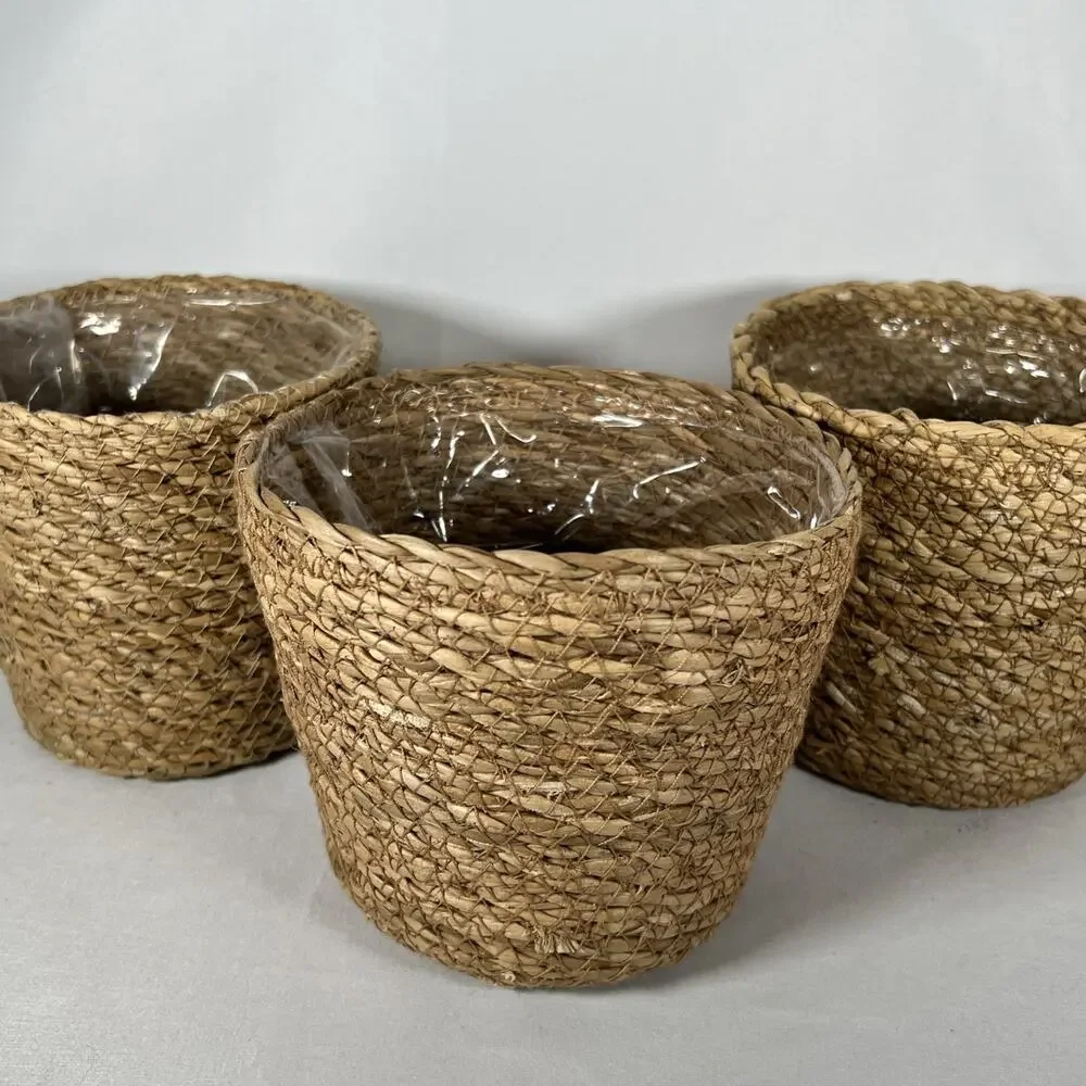 Set of 3 Rope Jute Wicker Grass Plastic Lined Plant Baskets Holders 5-5.75” Pots